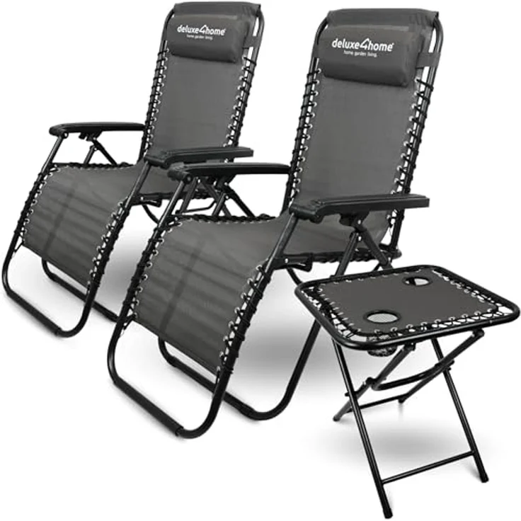 deluxe4home Gartenliege Liegestuhl Set mit Klapptisch I Gartenstuhl Klappbar I Liege Anthrazit, 3-teilig, Flexibles Gewebe – Bild 1