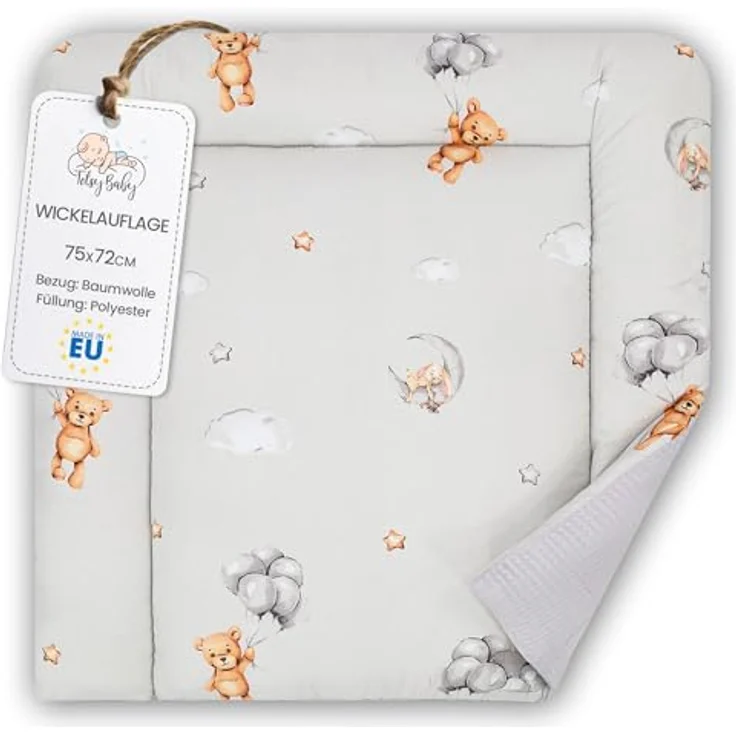 Wickelauflage Wickelunterlage aus Baumwolle 75x72 cm - Weich und waschbar Wickelunterlage für Babys Wickelmatte aus Stoff für Wickeltisch Wickelkommode oder Waschmaschine 75x72 Teddybären – Bild 2