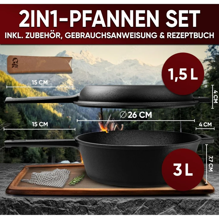 2in1 Casserole 3,6 l aus Gusseisen – Topf & Pfanne in einem, mit Ledergriff & Ringreiniger, eingebrannt, für Induktion, Grill & Backofen – Bild 6