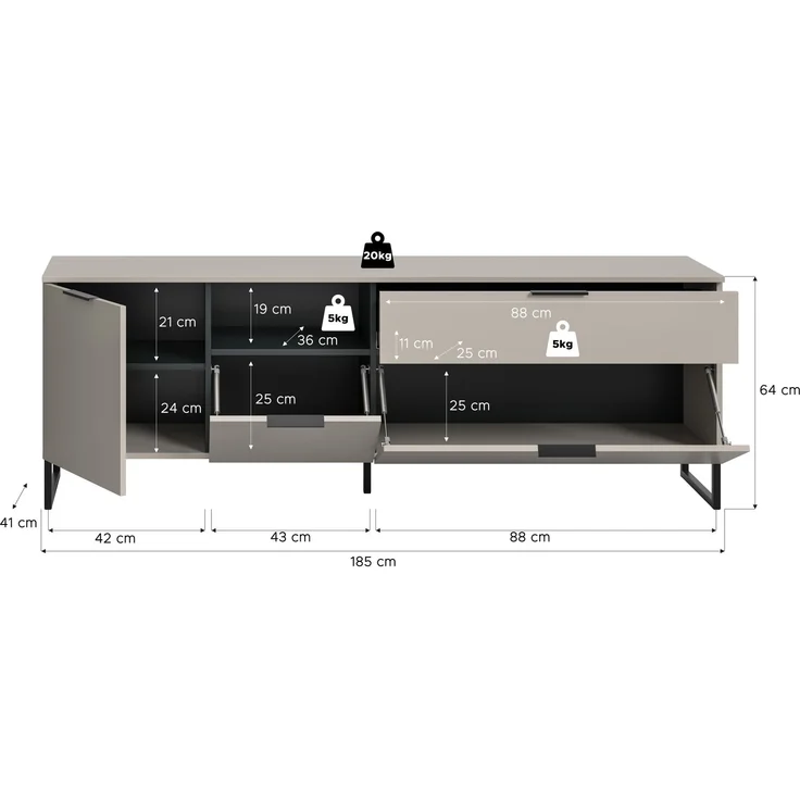 TV Lowboard B/H/T: 64x185x41 cm in Kaschmir Nachbildung und schwarz – Bild 4