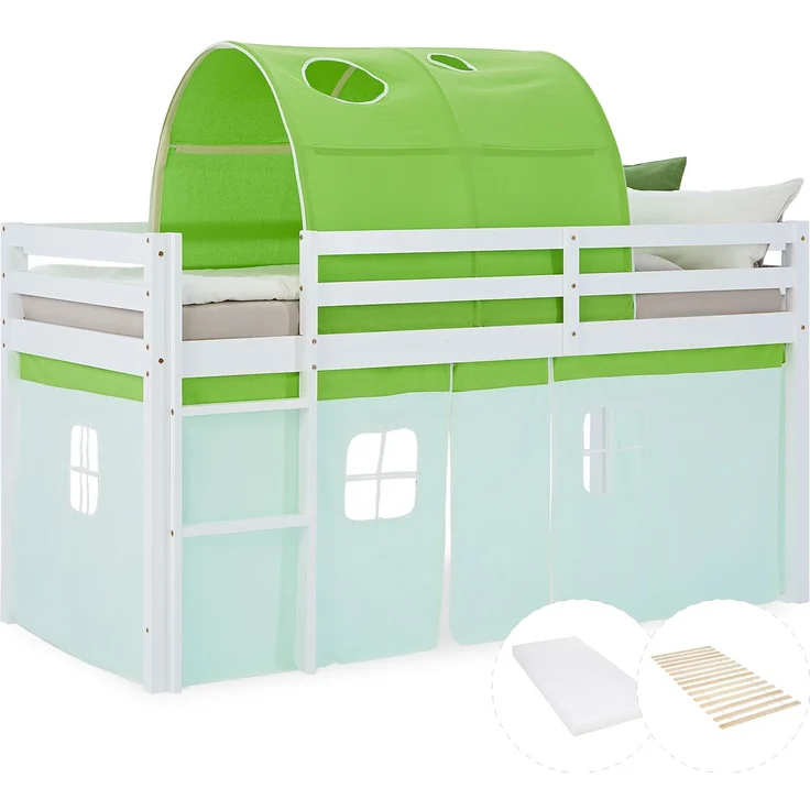 Hochbett Kinder 90x200 cm mit Matratze Kinderbett Kinderhochbett Stockbett Tunnel Vorhang Grün Holz Massiv Lattenrost – Bild 1