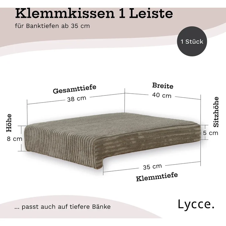 Lycce Bankauflage Klemmkissen mit Leiste - Cord, Polsterung, rutschfest Taupe 8x40x38cm – Bild 4