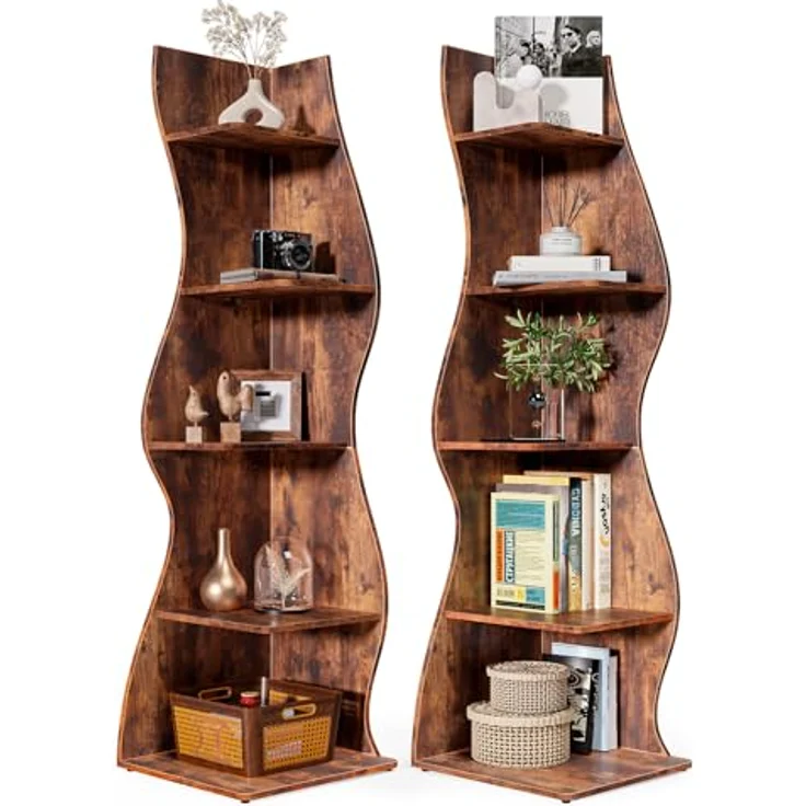 LITTLE TREE Bücherregal Ecke, Modernes Regal Schmal mit 6 Ebenen, 50 x 48 x 179 cm Bücherregal Holz, Standregal mit Wellen-Design für Kleine Räume, Wohnzimmer & Schlafzimmer, Rustikal, 2er Pack – Bild 2