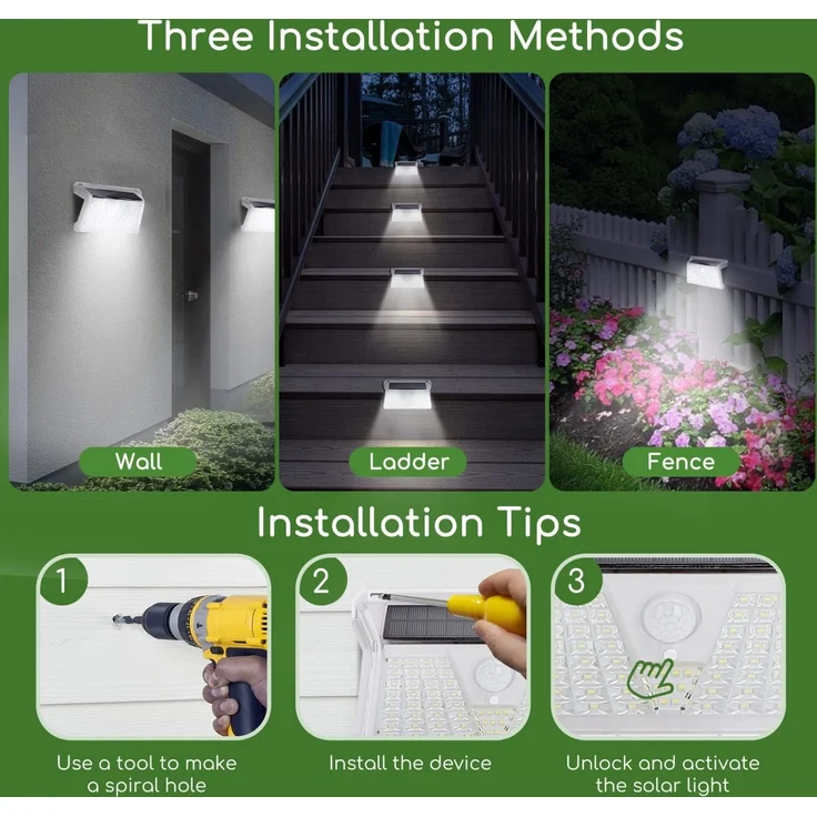 2er Pack Solar Sensor Wandleuchte Wandlampe 73LEDS 260 Lumen 6500K Kaltweiß Outdoor Lampe Außen Straßenlaterne – Bild 6