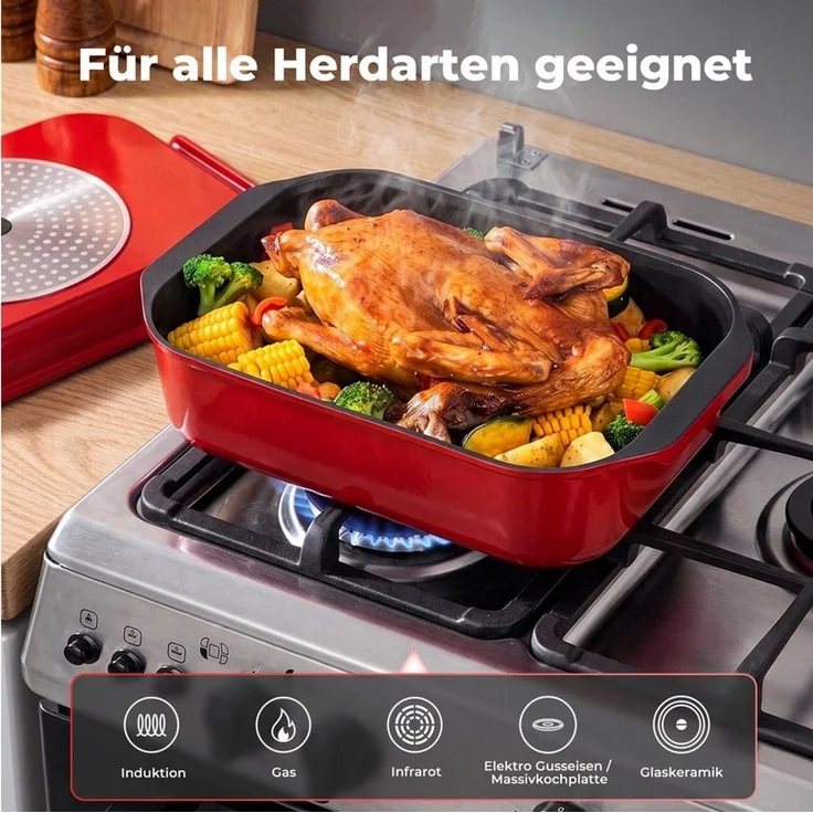 FOHERE Bräter Aluguss 2in1, 8,9L (5,97+2,93), Karree Rechteckbräter 39x26 cm, (2-tlg), Aluminiumguss – Bild 4