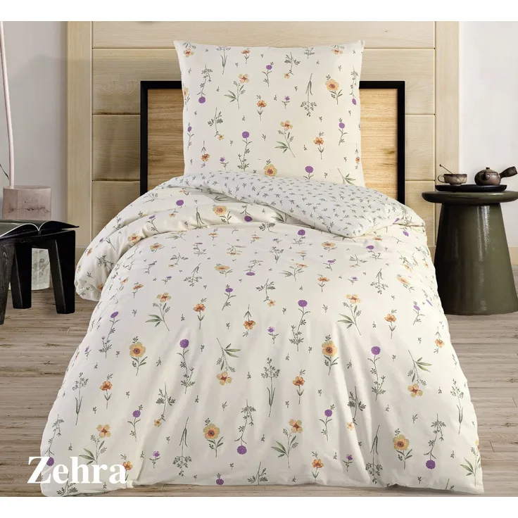 Leonado Vicenti Wendebettwäsche 135x200 Bezug 80x80 Kissen Set Hochwertige Polycotton Beige Blumen, Renforcé, 2 teilig, mit verdecktem Reißverschluss, Wendebettwäsche