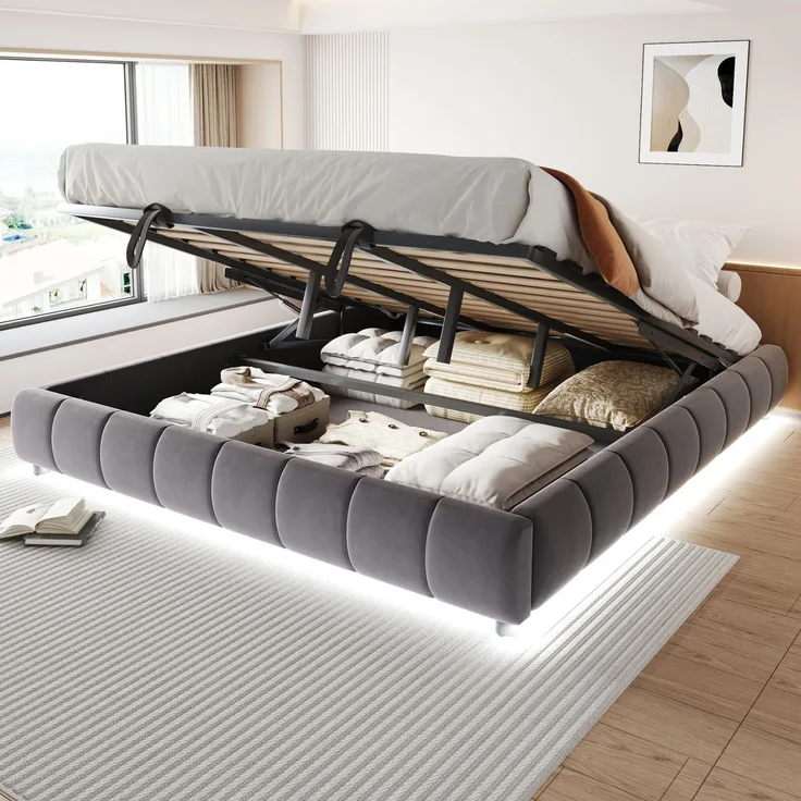 EINHOM Polsterbett 180 x 200 cm, ohne Kopfteil, mit LED-Lichtleiste (Einfarbig), Hydraulischer Schwebebettrahmen mit Stauraum, Einzelbett, Jugendbett, Grau (Ohne Matratze)