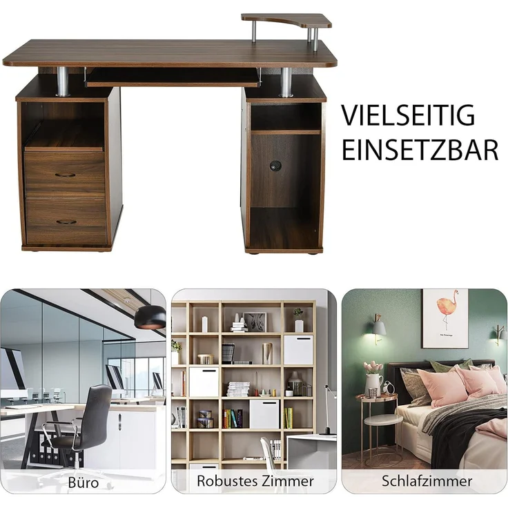 COSTWAY Computertisch Schreibtisch Buerotisch Arbeitstisch PC-Tisch mit Tastaturauszug Druckerablage Schubladen Walnuss – Bild 8
