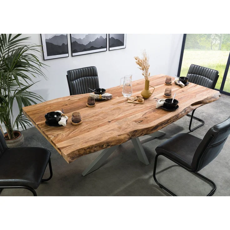 Baumtisch Sheesham 220 x 100 x 77 natur sandgestrahlt / Kreuzgestell silber matt FREEFORM 5 – Bild 2