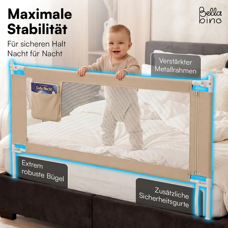 Bellabino 'Drina' Bettschutzgitter mit 2 Sicherheitsgurten, Rausfallschutz klappbar & höhenverstellbar, aus Oxford-Stoff & Metall, 150 cm, beige – Bild 3