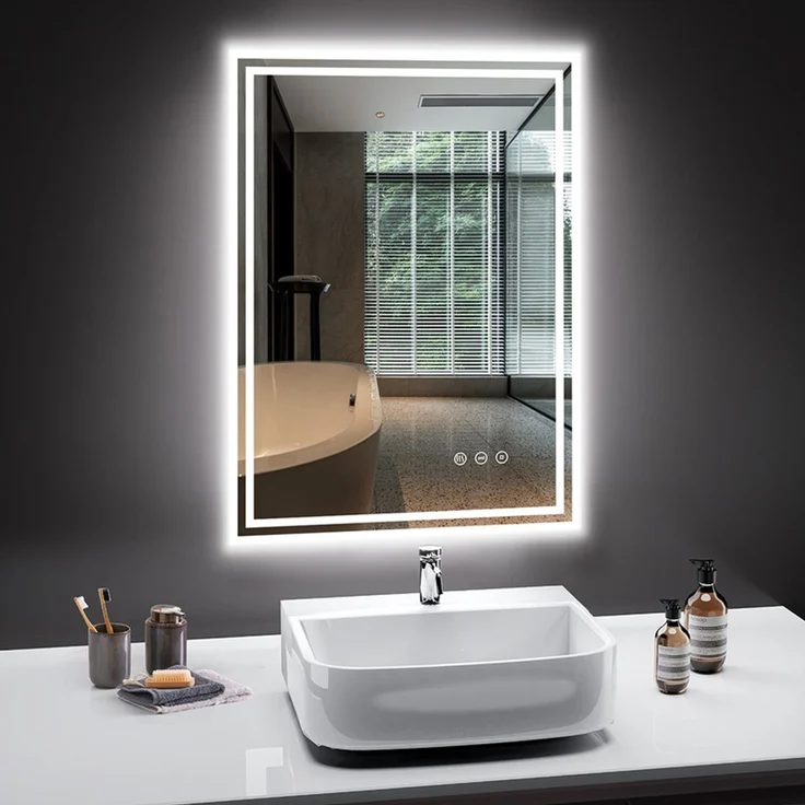 PESENXAN LED Badezimmerspiegel 80x60 cm, rechteckiger Wandspiegel mit Beleuchtung, 3 Lichtfarben, dimmbar, Anti-Beschlag, Touch-Schalter, Memory-Funktion, explosionssicheres Glas, IP44, Weiß – Bild 1