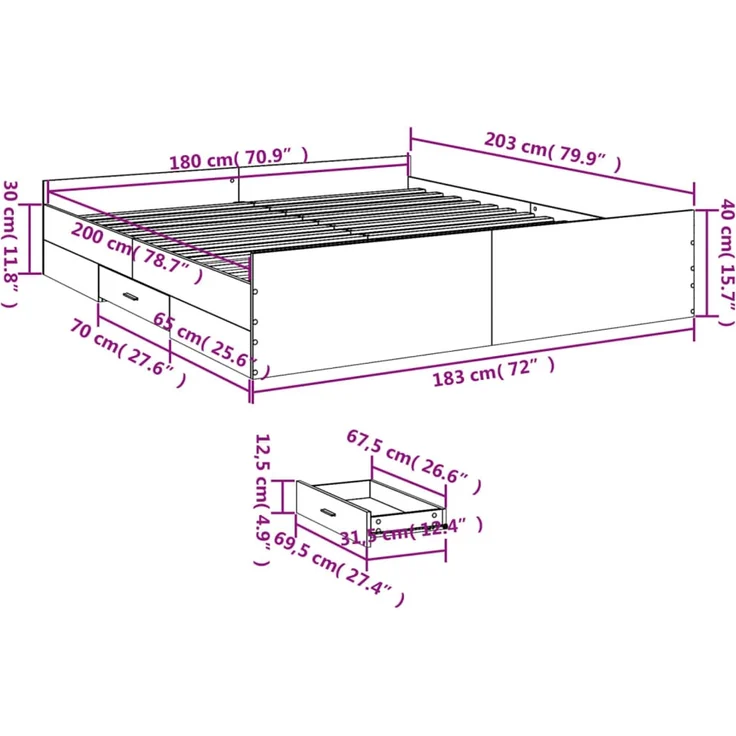 vidaXL Bettgestell mit Schubladen Grau Sonoma 180x200cm Holzwerkstoff 3280277 – Bild 11