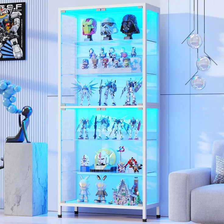 Glasvitrine 75x35x181 cm, 6-stöckige Vitrine mit LED-Beleuchtung, verstellbaren Glasböden und Sensor, Weiß – Bild 2