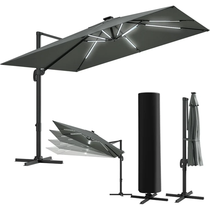 STEELSØN 'Lyrion' Sonnenschirm LED Solar 300x300 cm quadratisch, neigbar und 360-Grad drehbar, anthrazit, Ampelschirm inkl. Abdeckung, UV50+ – Bild 1
