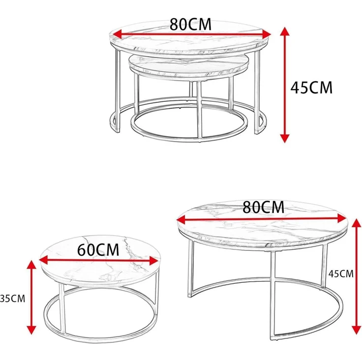 Runder Couchtisch Marmor Optik Weiß Silber 80x80cm & 60x60cm – Bild 3