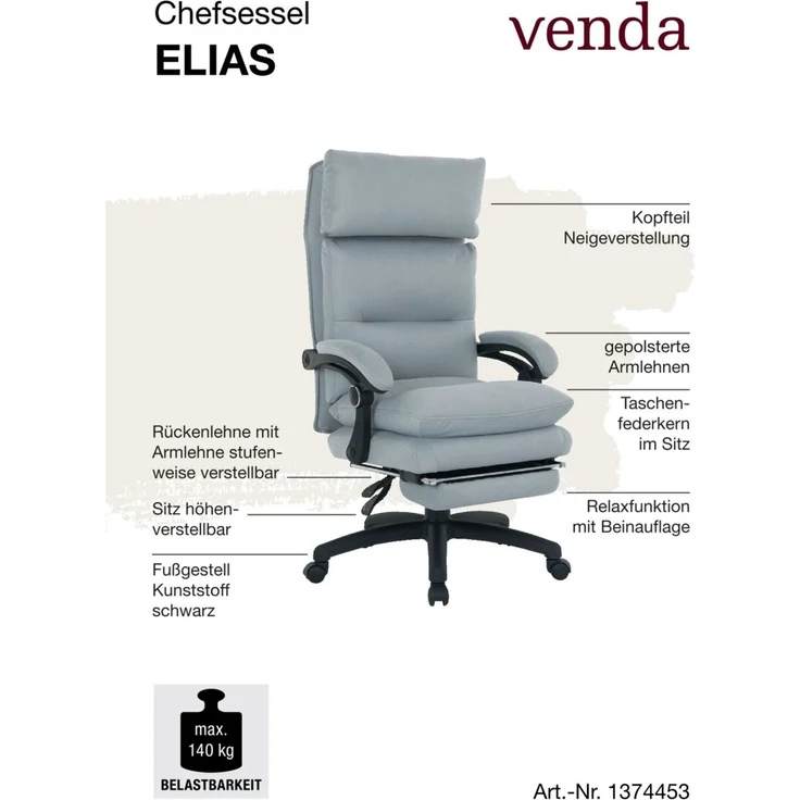 Venda 'ELIAS' Chefsessel mit Relaxfunktion und Beinauflage, Stoff hellgrau, 71 x 118 x 70 cm, 140 kg belastbar – Bild 7