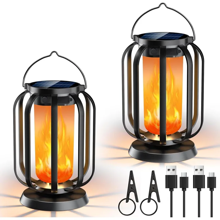 Solar Flammen Laterne für Außen Hängend, 2 Stück Solarlampen IP65 Wasserdicht mit 3 Farbtemperaturen, Balkon Garten Lampion, Halloween Deko, Outdoor Leuchten für Terrasse, Rasen, Hof, Camping