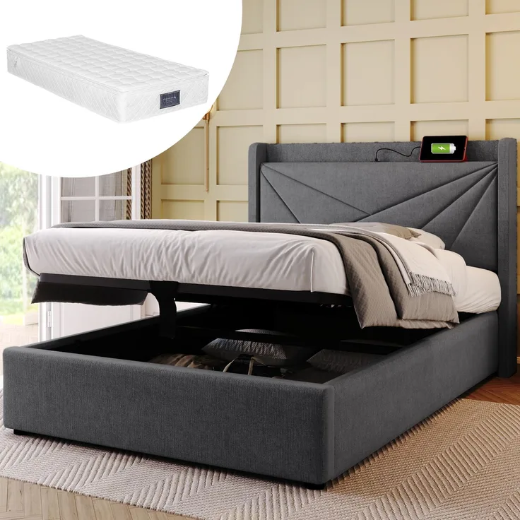 TavilaEcon Boxspringbett mit Bettkasten und USB Typ C grau Liegefläche 90 × 200 cm – Modell 202197AAG