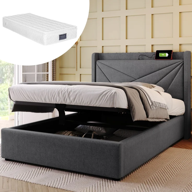 TavilaEcon Boxspringbett mit Bettkasten und USB Typ C grau Liegefläche 90 × 200 cm – Modell 202197AAG – Bild 1