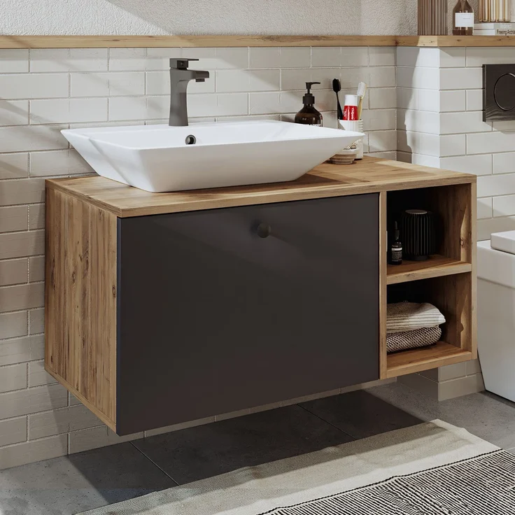 Skye Decor '2454' Badezimmerschrank mit Waschbecken, Atlantik-Kiefer / Anthrazit, 95 x 56,5 x 45 cm – Bild 3
