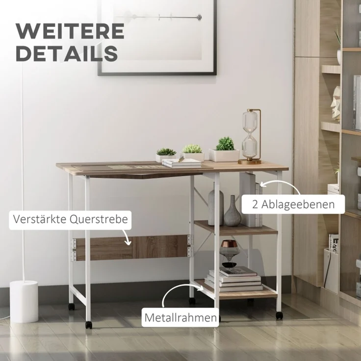 Klapptisch Mobiler Schreibtisch auf Rollen, Beistelltisch, MDF, Natur, 107x55x76cm--Weiß--107x55x76cm--YOUDENOVA – Bild 4