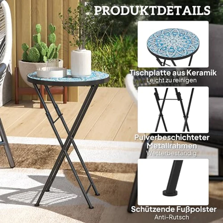 Outsunny Gartentisch mit Mosaik-Design, Ø35,5 x 55 cm, Rund, wetterfest, aus Metall (klappbar Balkontisch, 1-St, Beistelltisch), für Wohnzimmer, Büro, Outdoor, Indoor, Blau – Bild 6