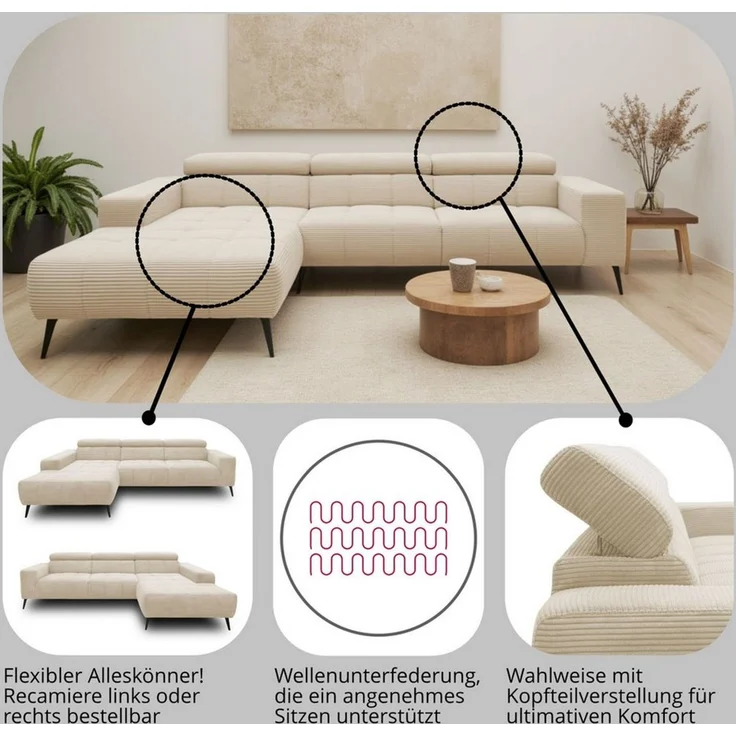 DOMO collection Ecksofa Trento L-Form, mit Kufenfuß oder Einzelfuß, whlw. verstellbare Kopfteile, passend für gängige Saugroboter – Bild 3
