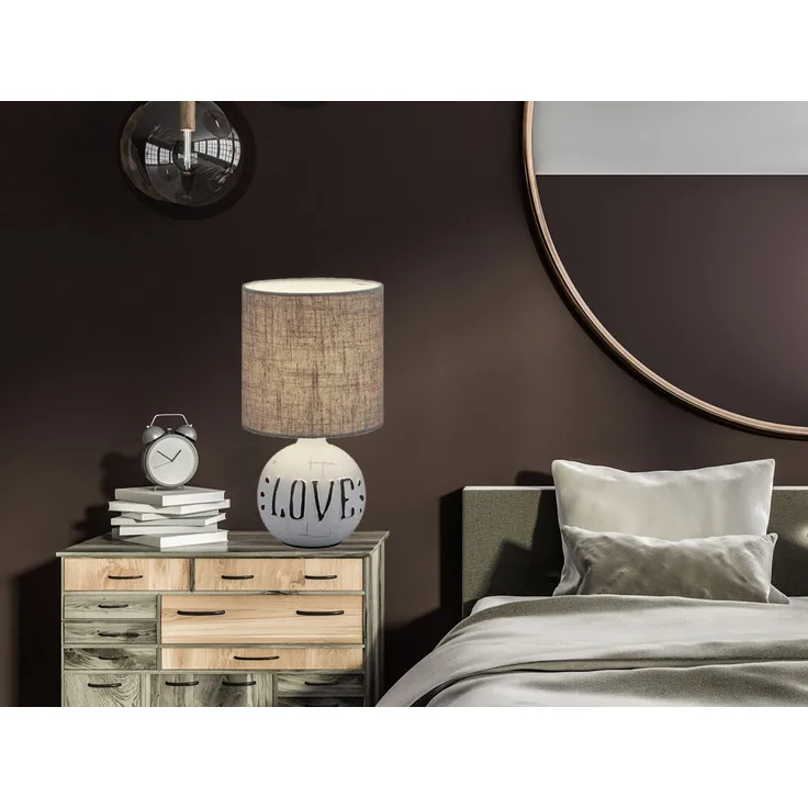 Tischleuchte ESNA Keramik-Sockel Schriftzug LOVE Stoffschirm Braun, Höhe 31cm