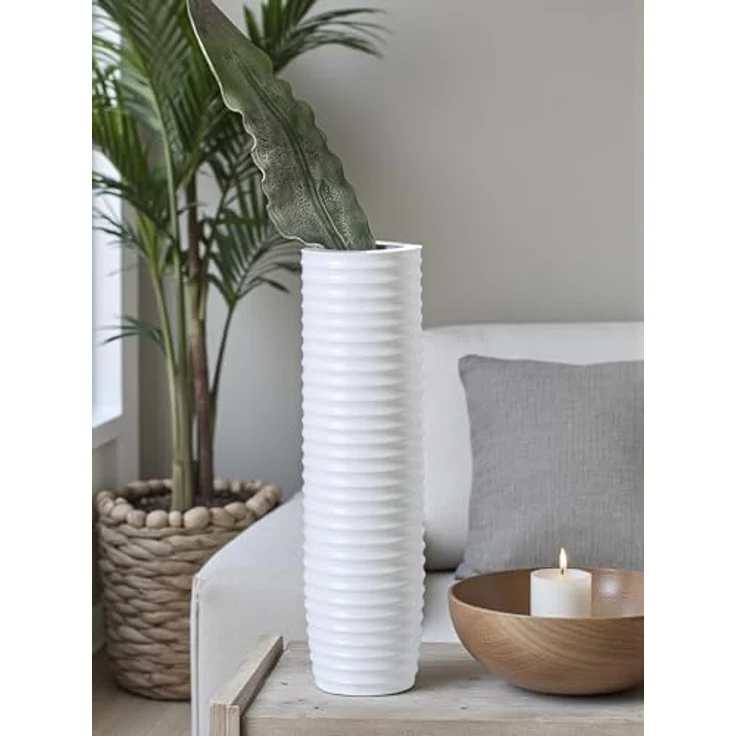 Casablanca Deko Vase groß, weiße Keramik Bodenvase für Pampasgras und Äste, Höhe 58 cm, Rillenstruktur – Bild 2