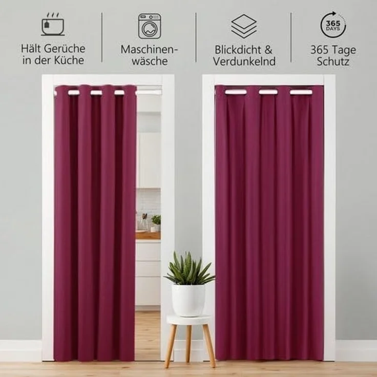 tinycurtains Türvorhang mit Stange weiß 70-120 cm Thermo Vorhang ohne Bohren, blickdicht, Ösen, verdunkelnd, Polyester, bordeaux rot Berry, Türgardine mit Klemmstange Raumtrenner Vorhang Tür – Bild 5