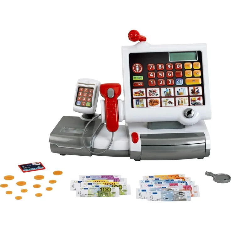 Theo Klein 9356 Kasse I Mit Folientastatur, Rechnerfunktion, Bezahlterminal samt Scanner und Waage mit Licht-und Soundfunktion I Maße: 31 x 15,5 x 23 cm I Spielzeug für Kinder ab 3 Jahren