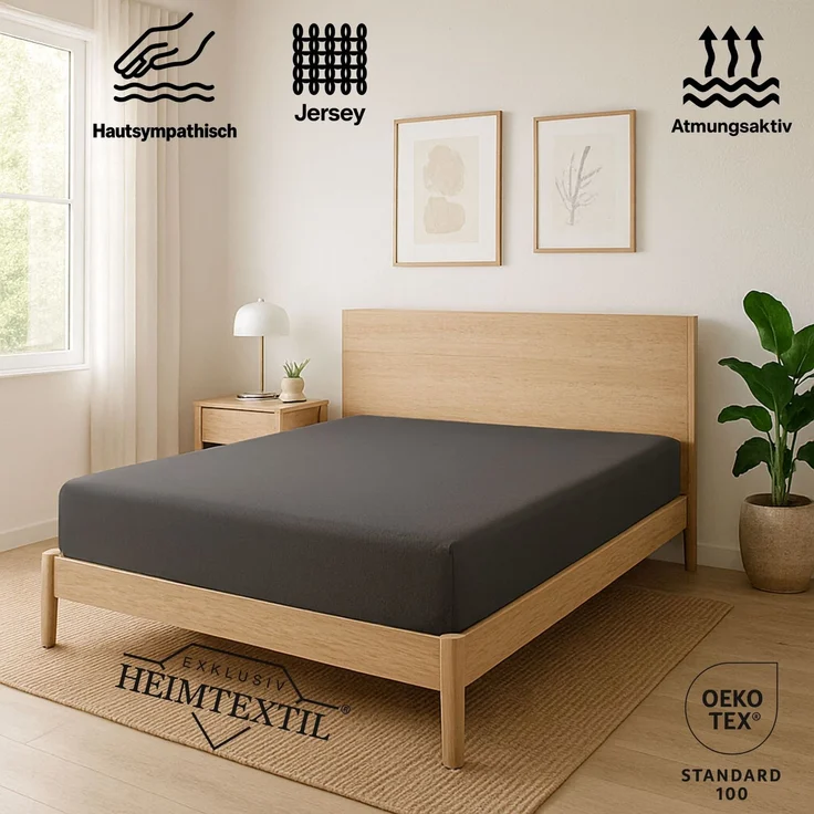 EXKLUSIV HEIMTEXTIL Jersey Spannbettlaken 100 x 200 cm Grau 100% Baumwolle Öko - Tex Zertifiziert Bed-Sheet Bettlaken Spannbetttuch – Bild 2