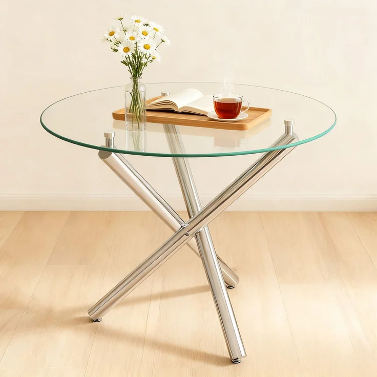 Runder Esstisch 80x80x76 cm aus Glas und Metall, silberfarben, mit stabilem Kreuzfuß – Bild 4