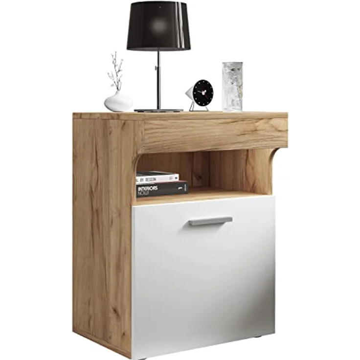 MID.YOU Nachtschrank, Weiß, Honigeiche, Kunststoff, mit Drehtüren, 45x61x39 cm, für Schlafzimmer – Bild 1