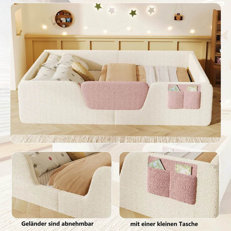 EINHOM Polsterbett, 140 × 190 cm, ohne Matratze, abnehmbare Sicherheitsgitter, integrierte Stofftasche zur Aufbewahrung, einzigartiger Samt, Beige (Ohne Matratze) – Bild 7