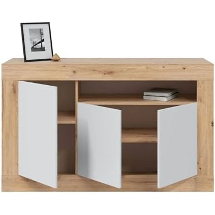 Dmora - Thornton Sideboard, Wohnzimmergarderobe, Wohnzimmerbuffet mit Fächern, TV-Ständer, modernes Sideboard mit 3 Türen, 144x42h87 cm, geknotete Eiche und Weiß – Bild 5