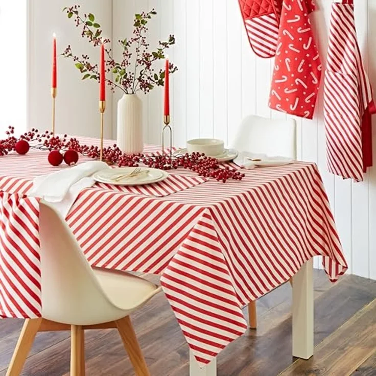 Catherine Lansfield Weihnachtliche Tischdecke mit Zuckerstange, Baumwolle, 137x229 cm, Weiß/Rot