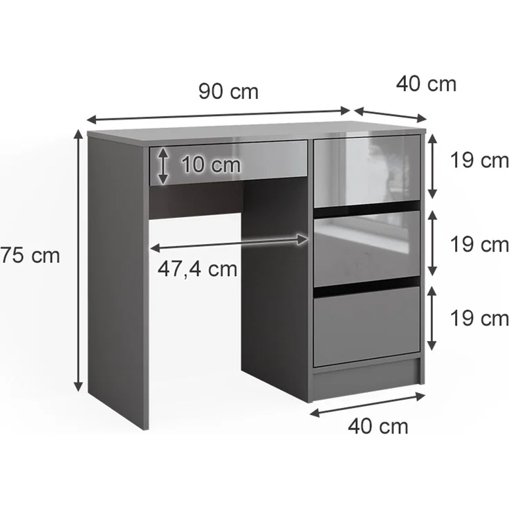 Schminktisch Sherry Grau Hochglanz 90 cm mit 4 Schubladen Vicco – Bild 3
