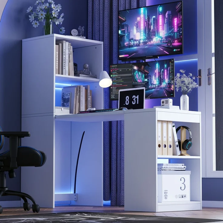 Schreibtisch 130x51x137 cm, klappbar mit Bücherregal und 4 offenen Fächern – Bild 3