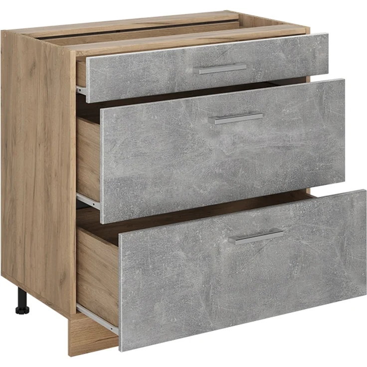 Küchenunterschrank R-Line Beton/Goldkraft Eiche 80 cm mit 3 Schubladen Arbeitsplatte Goldkraft Eiche Vicco – Bild 3