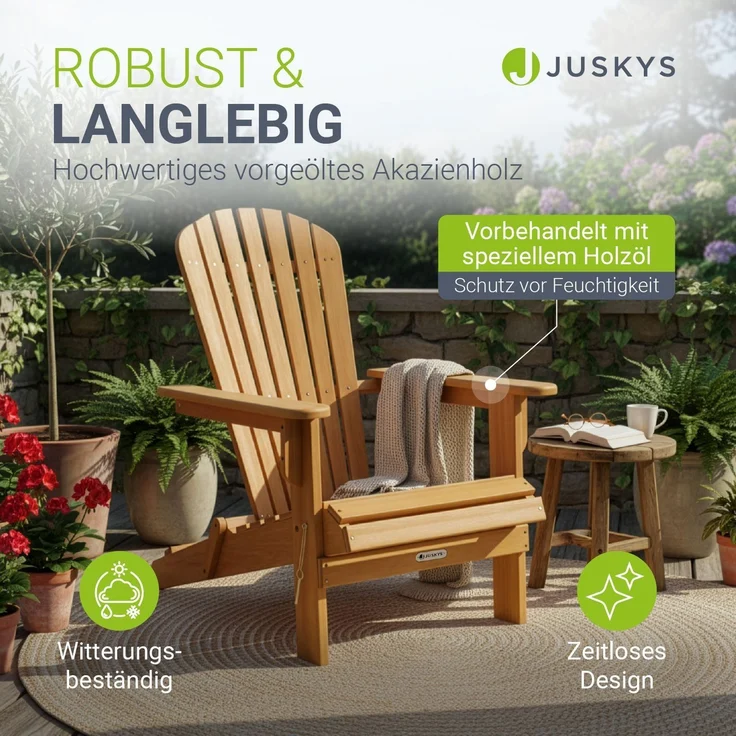 Juskys® Garten Liegestuhl Korfu – aus Akazienholz, klappbar, 85x69x94 cm, natur, geölt, Gartenstuhl, Sonnenliege – Bild 2
