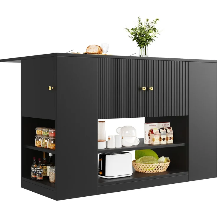 Kücheninsel 140 x 40 x 90 cm mit Schubladen, Regalen & klappbarer Tischplatte – Multifunktionale Kücheninsel,Schwarz – Bild 7