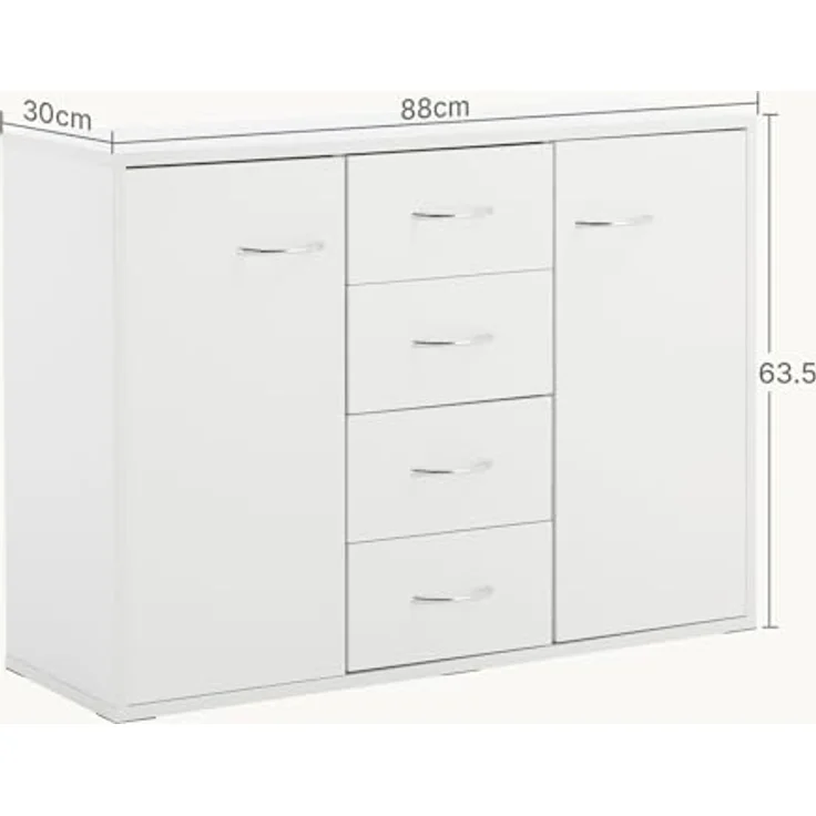 Sweetcrispy Kommode, Weißes Sideboard mit 4 Schubladen & 2 Türen, 88 × 30 × 64 cm, Viel Stauraum für Wohnzimmer, Flur & Schlafzimmer, Moderner Kommodenschrank – Bild 4