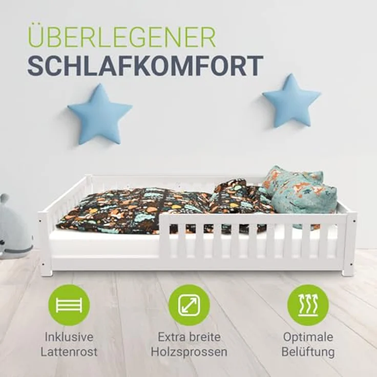 Juskys 'Naya' Kinderbett - mit Rausfallschutz & Lattenrost - Bodenbett für Kinder 3 -10 Jahre - modern, Holz Weiß, 140x200 cm – Bild 4