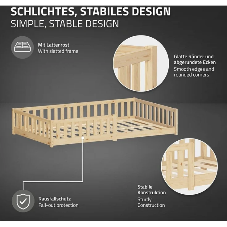 ML-DESIGN Spielbett Bodenbett Holzbett mit Lattenrost & Rausfallschutz Jugendbett Babybett, Abenteuerbett 120x200cm Natur Kinderbett Bettgestell ohne Matratze – Bild 3