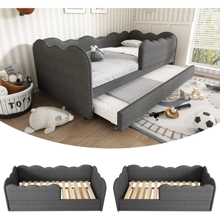 CHICFURN Ausziehbett 90/180x190 cm Leinen Grau mit Ausziehbett und abnehmbarer Frontbegrenzung – Bild 3