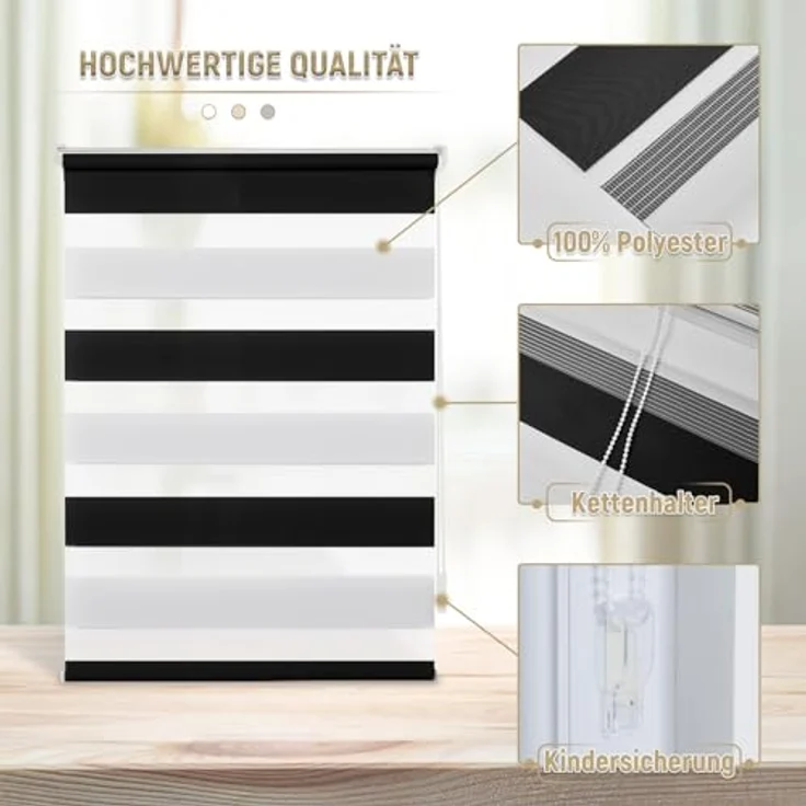 Deswell Doppelrollo Klemmfix ohne Bohren Schwarz-weiß B60 x H130 cm (Stoffbreite 56cm) Rollos für Fenster ohne Bohren für Fenster mit Lichtdurchlässig & Verdunkelnd/Höhe Stufenlos Verstellbar – Bild 4