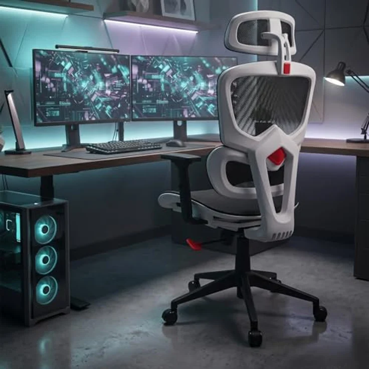 DRIFT GAMING DRAIR200 - Professioneller Gaming Chair, hochwertiges Mesh und verstärktes Polymer, 2D verstellbare gepolsterte Armlehnen, Klasse 4 Kolben, drehbar, neigbar, weiß/schwarz/rot. – Bild 2