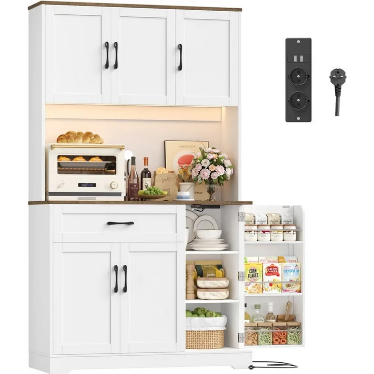 Homfa Küchenbuffet Küchenbuffet mit LED und Steckdosenleiste Küchenschrank Buffetschrank Sideboard mit Steckdosenleiste & Arbeitsplatte 180,5x100x38,6cm