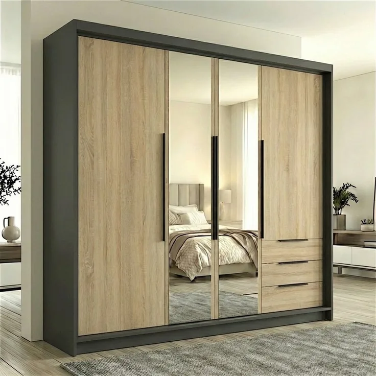 A&J MöbelLand GmbH Drehtürenschrank viertüriger Kleiderschrank mit Schubladen und Metallgriffen. (Geräumiger vier¬türiger Kleiderschrank mit Schubladen und Metallgriffen. Geräumiger Schrank mit einer Breite von 200 cm und Schubladen, ideal zur Aufbewah...